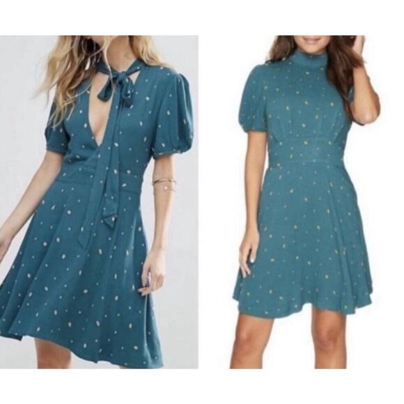 Free People NWT Abbie Fit and Flare Mini Dress In Teal & Orange Dots Size 0 - Picture 1 of 12